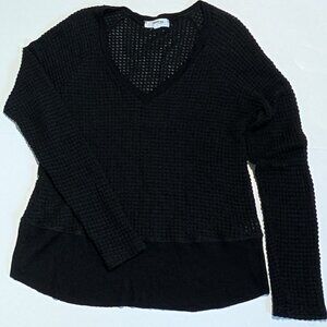 Open knit mesh v-neck black long sleeve shirt, XS